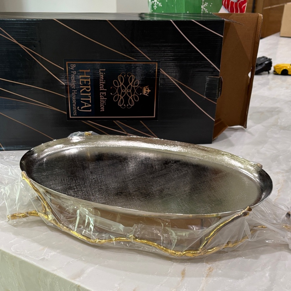 Heritage Silver and Gold Oval Tray with stand NWTAGS